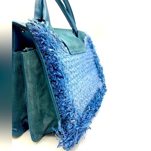 Auth Jimmy Choo Rebel Tote Raffia Suede Blue Dusk Front Clasp Handbag Preloved - Picture 9 of 14